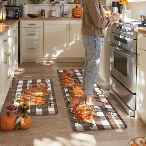 Miniatura 8 de KIMODE Tapetes Antifatiga para Piso de Cocina 17"x47"+17"x29", Juego de 2 Alfombras de Cocina a Cuadros Marrón y Blanco, Tapete de Cocina