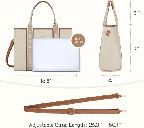Miniatura 6 de Missnine Bolsa de lona para laptop de 15.6 pulgadas, bolsa de hombro para profesores, maletín para viajes, oficina, escuela, marrón, beige