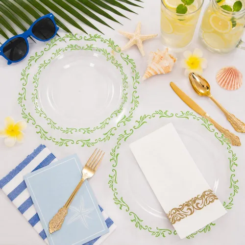 Miniatura 7 de PULOTE 175 platos de plástico verde – Plástico transparente con borde verde desechable – Incluye 25 platos de cada uno (cena y postre), 75