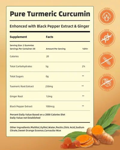 Miniatura 2 de Gomitas de cúrcuma con pimienta negra para inflamación, suplemento de cúrcuma y jengibre para apoyo de articulaciones inmunológicas, gomitas