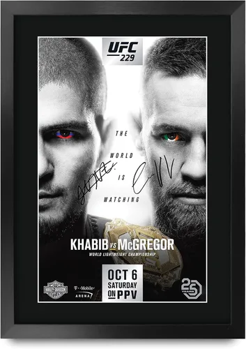 HWC Trading UFC 229 Pelea Khabib Nurmagomedov vs Conor McGregor 40 x 30 cm Regalos con Marco Autógrafo Impreso y Firmado para Fans de Recuerdos de