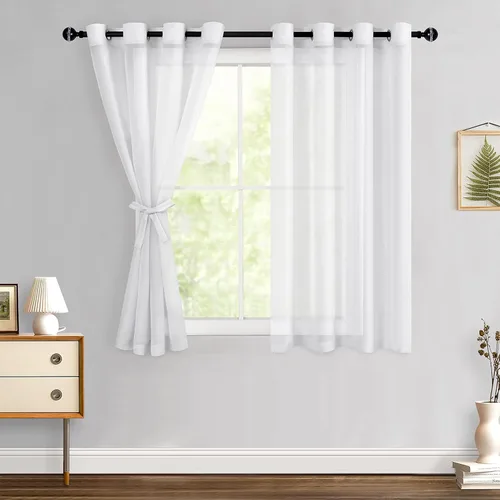 Miniatura 124 de Hiasan - Cortinas traslúcidas de gasa cortas semitransparentes con ojales y alzapaños filtrantes de luz para ventana, dormitorio, baño, 2 paneles