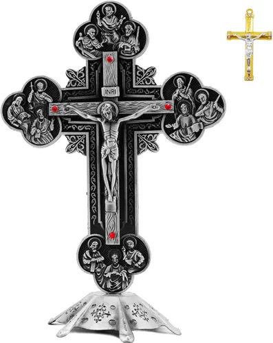 Miniatura 8 de rnuie Cruz de mesa de altar de Jesús, decoración de pared de crucifijo religioso con soporte, adorno cristiano de metal montado en la pared