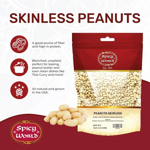 Miniatura 2 de Spicy World Cacahuetes sin piel, cacahuetes crudos blanqueados (sin cocinar, sin sal) 4 libras (64 onzas) ~ Todos los productos naturales cultivados