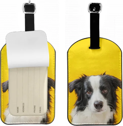 Zoczos Lindas etiquetas de identificación de equipaje para cachorros sonrientes, borde de mascota, collie, fondo amarillo, maletas de animales,