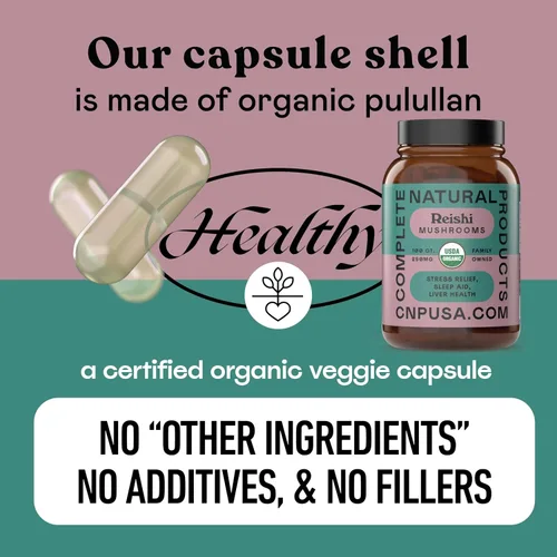 Miniatura 7 de Complete Natural Products Cápsulas orgánicas de hongos Reishi, 250 mg, 100 unidades Extracto corporal fructífero A base de plantas Soporte