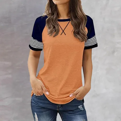 Miniatura 2 de Womens Summer Tops Raglan Short Sleeve Striped T-Shirts Color Block Crewneck Workout Tee Tshirts Loose Fitting Tunics