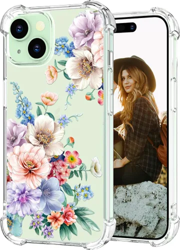 Miniatura 16 de Hungo Funda compatible con iPhone 15 Plus para mujer, diseño floral transparente, lindo, flor azul rosa Rosas Azules