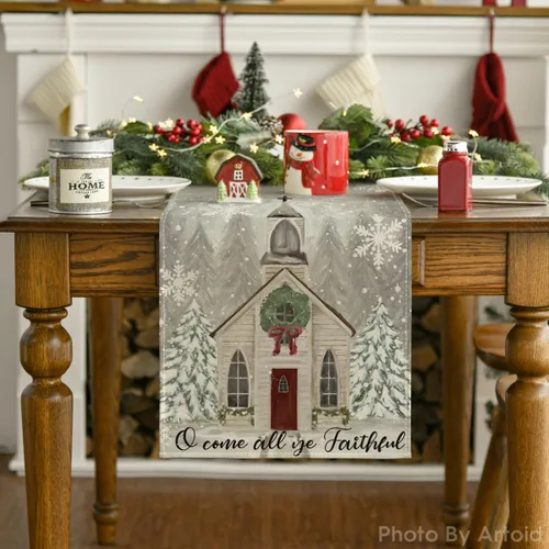 Miniatura 7 de Artoid Mode Camino de mesa de Navidad con diseño de árboles de Navidad y copos de nieve, decoración de mesa de cocina con lazo de moño para fiestas