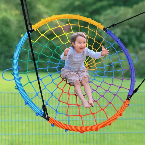 Miniatura 5 de Trekassy Columpio de Telaraña para Árbol de 45" 750lbs para Niños y Adultos, Columpio de Red Platillo con Marco de Acero para Exteriores