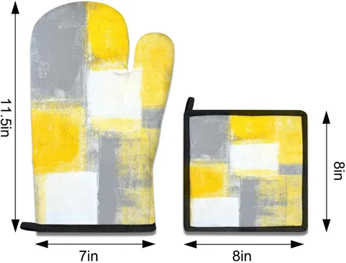 Miniatura 6 de MCALK Juego de 5 guantes amarillos para horno y soportes para ollas, guantes de horno grises y almohadillas calientes para cocina de cocina