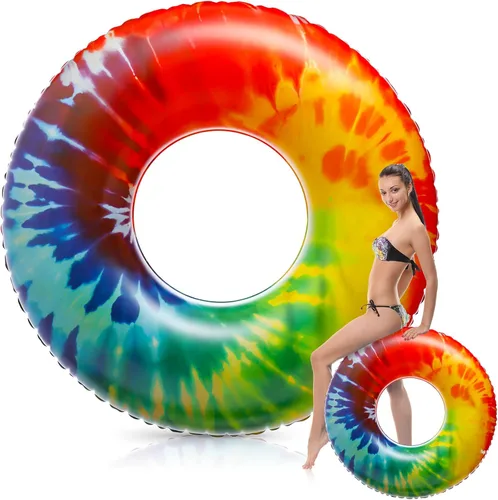 Simgoing Flotadores inflables gigantes para piscina, flotadores de tubo de teñido anudado de 47.24 pulgadas, flotadores grandes y coloridos para