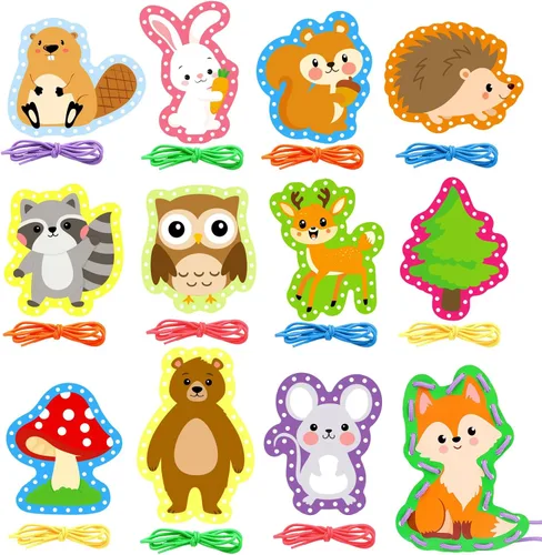 Omlisca Tarjetas con cordones de animales del bosque para niños, paquete de 12 tarjetas de costura de animales del bosque, búho, zorro, oso, bosque,