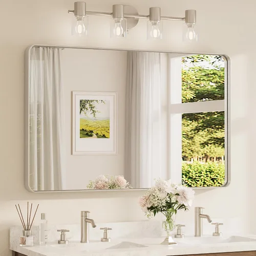 Miniatura 82 de TETOTE Espejo de marco dorado cepillado de 16 x 24 pulgadas, espejo de tocador de baño de latón dorado para pared, espejo enmarcado rectangular