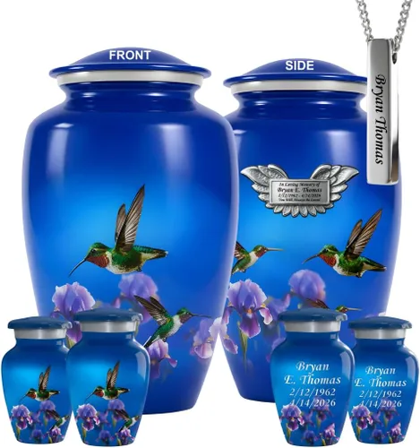 Miniatura 17 de Juego de 6 urnas funerarias decorativas de colibrí para cenizas de adultos hombres y mujeres, incluye 1 urna grande con 4 urnas conmemorativas