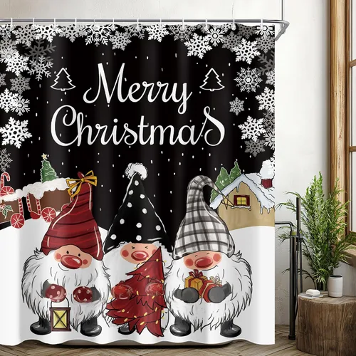Miniatura 4 de Juego de cortinas de ducha de gnomo de Navidad para baño, 60 pulgadas de ancho x 72 pulgadas de alto, cortina de ducha de nieve rústica de Papá