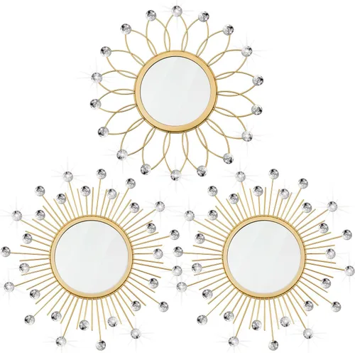 Miniatura 28 de Paquete de 3 espejos metálicos para pared, con diseño de rayos de sol, para decoración del hogar, arte decorativo para colgar en la pared para sala