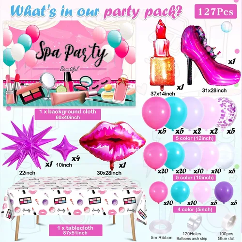 Miniatura 2 de 127 piezas de suministros de fiesta de spa para niñas, decoración de cumpleaños con guirnalda de globos, globos de papel de aluminio, telón