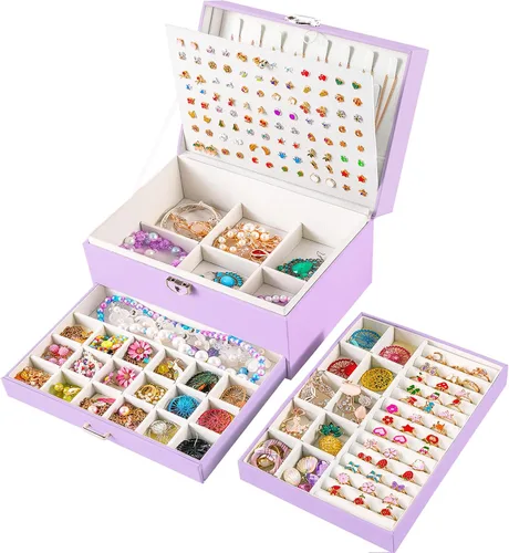 Miniatura 170 de Joyero de pendientes para mujeres y niñas, organizador de aretes de 5 capas, caja organizadora de joyas blanca con candado, collares y aretes