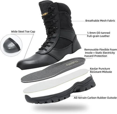 Miniatura 2 de DahWe Botas tácticas para hombre de 8 pulgadas con puntera de acero y cremallera lateral, ligeras y cómodas para combate militar, senderismo