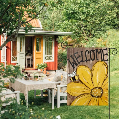 Miniatura 2 de AVOIN colorlife Bandera de jardín de primavera y verano de 12 x 18 pulgadas de doble cara exterior, bandera de grano de madera de bienvenida