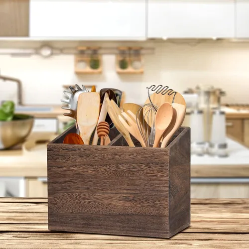 Miniatura 5 de Organizador de utensilios de cocina de madera con 2 compartimentos, soporte rústico para encimera de cocina, caja organizadora de utensilios