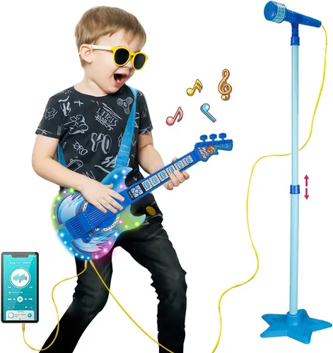 Miniatura 2 de TAKIHON Juego de guitarra y micrófono para niños, juguetes de guitarra con música y luz colorida, micrófono de altura ajustable con soporte