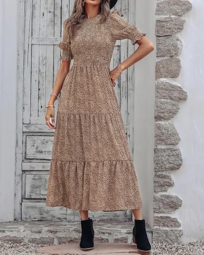 Miniatura 175 de BTFBM Vestidos para mujer, cuello redondo, casual, de verano, con volantes, manga corta, bohemio, con niveles, fruncido, largo, con estampado floral