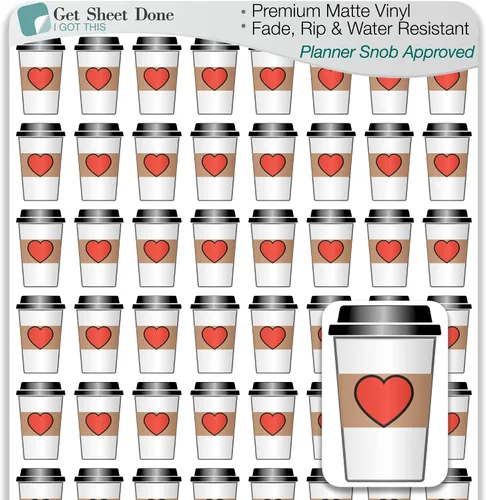 Frappucino - Adhesivo para planificador, 54 divertidas calcomanías de vinilo L (1/2 pulgada), Frappucino Date Me Time Self Care I Love