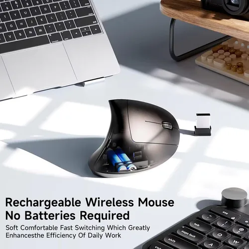 Miniatura 7 de Ratón inalámbrico vertical ergonómico, elegante, recargable, 2.4G, ratón óptico inalámbrico con receptor USB, 800/1200/1600 DPI, 5 botones para Negro