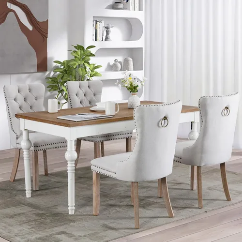 Miniatura 2 de SoarFlash Juego de 4 sillas de comedor de tela de lino, sillas de comedor tapizadas acolchadas con ribete de tachuelas y patas de madera maciza