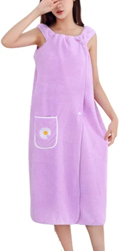 Toalla de baño portátil absorbente de agua, de secado rápido, para mujer, forro polar coral, con correa y bolsillo (morado taro, L)