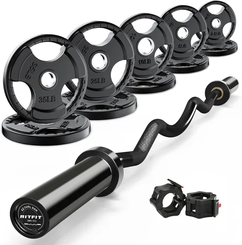 Miniatura 12 de RitFit Barra de rizo EZ de 2 pulgadas con pesas, capacidad de peso de 350 libras, barra olímpica para ejercicios de bíceps, tríceps y levantamiento