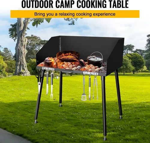 Miniatura 3 de Mesa de horno holandés de 38 pulgadas, mesa de cocina de campamento de acero al carbono con parabrisas de tres lados y cuatro patas para preparación