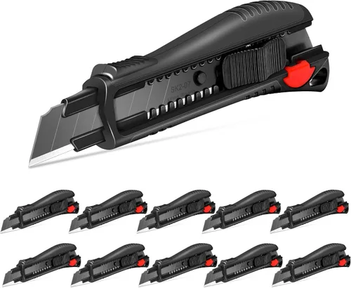 Miniatura 8 de HAUTMEC Cuchillo utilitario de 18 mm con agarre suave y bloqueo automático con interruptor de seguridad rojo, cortador resistente con hoja negra