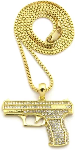 Mens Iced Out ametralladora AK47Chopper, arma Uzi, pistola de mano, caja colgante, cuerda, cadena cubana, set de 3 collares con dije