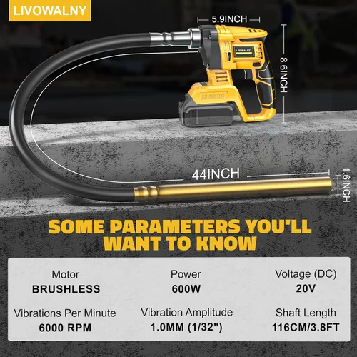 Miniatura 2 de LIVOWALNY Herramienta vibradora de hormigón de mano compatible con batería Dewalt de 20 V (solo herramienta), vibrador eléctrico inalámbrico