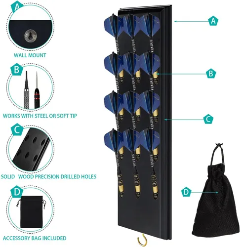 Miniatura 3 de FDLS Soporte para dardos montado en la pared para 12 o 15 dardos de acero y punta suave, organizador de dardos para pared con gancho de metal, bolsa