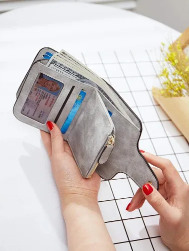 Miniatura 7 de KELEEL Cartera de cuero para mujer, monedero de embrague para tarjetas de crédito, soporte para monedas, plegable, Gris corto, Classic