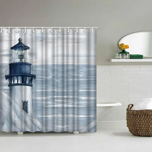 Miniatura 3 de Cortina de ducha con diseño de faro, decoración de baño, 72 x 72 pulgadas, diseño náutico de paisaje marino, tela de poliéster, con ganchos CRT355