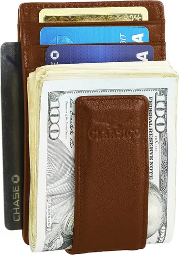 Miniatura 27 de Billetera de cuero con clip para dinero, bolsillo frontal delgado, bloqueo RFID con imán súper fuerte