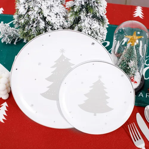 Miniatura 2 de WDF 50 platos de plástico plateados, platos de plástico de Navidad con árbol de Navidad, platos desechables blancos y plateados resistentes