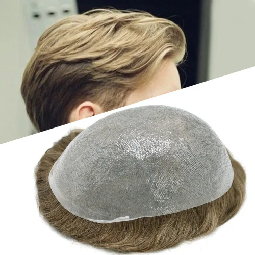 Miniatura 26 de Tupé para hombre, extensiones de cabello humano Remy para hombre, piel fina, 0.002 in, sistema de reemplazo de cabello con bucle en V para hombres