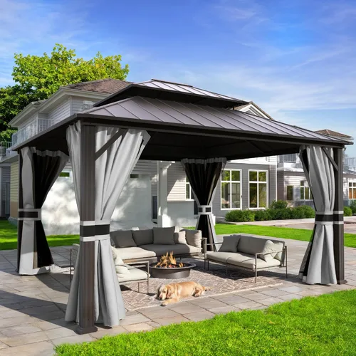 Miniatura 13 de UDPATIO Gazebo de techo rígido de 10 x 10 pies, glorieta de metal para exteriores con techo de acero galvanizado, pabellón permanente con malla