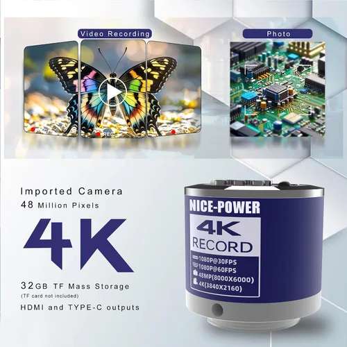 Miniatura 2 de NICE-POWER Microscopio Digital, Cámara de Microscopio de Video Industrial HDMI Tipo-C/USB de 48MP 4K 1080P, Lente C-Mount de Zoom 150X, Soporte