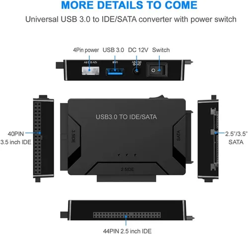 Miniatura 2 de Adaptador de disco duro USB 3.0 a IDE/SATA, convertidor externo para unidad óptica IDE SATA HDD SSD DVD, lector universal de disco duro con fuente