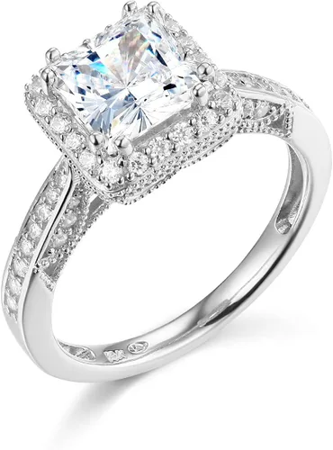 Miniatura 2 de Wellingsale - Anillo de compromiso para mujer con piedras laterales de oro blanco pulido CZ circonita cúbica de corte princesa