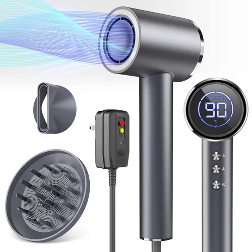 Miniatura 8 de Secador de pelo iónico de 1600 W con pantalla LED y boquilla magnética, portátil para mujeres, viajes, salón, hogar, blanco crema, HC03