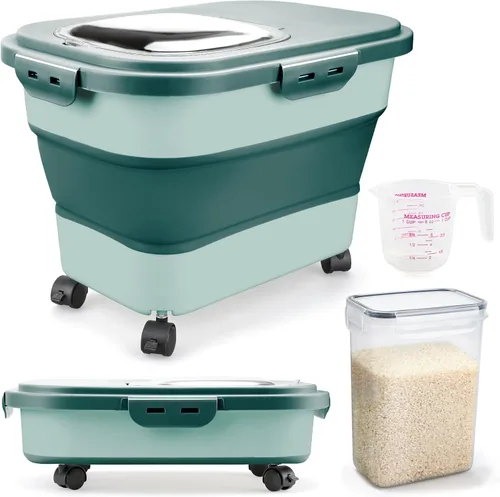 Komzon Contenedores de almacenamiento de arroz, dispensador plegable de 20 a 30 libras de almacenamiento de alimentos con rueda rodante y tapa