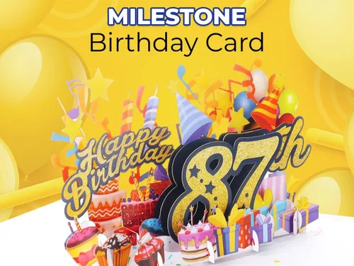 Miniatura 8 de iGifts And Cards Tarjeta desplegable 3D de feliz cumpleaños 87 – Diseño azul con números de purpurina, globos, pasteles y regalos – Tarjeta